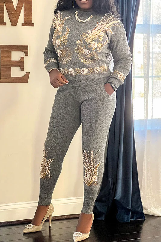 The Best Deals Won’t Wait!Floral Embroidery Beaded Decor Luxe Pant Suit
