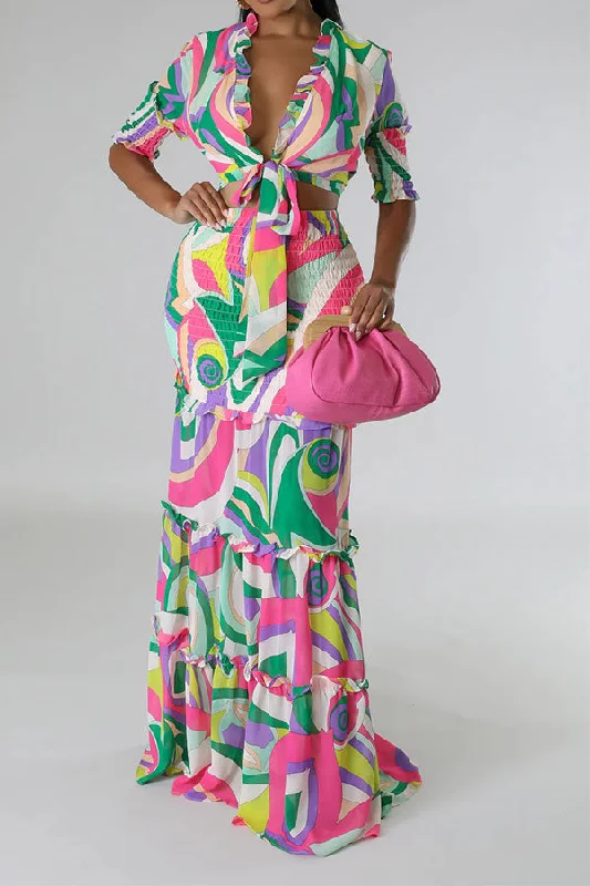 Incredible Savings Inside!Floral Print Retro Lace-Up Strap Shirred Ruffle Dress Suit