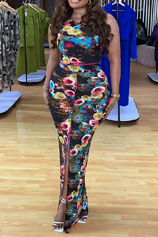 Score Huge Discounts Today!Floral Print Tropical High Split Skirt Suit