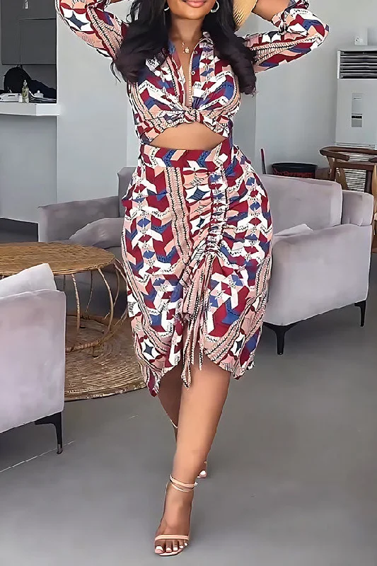Mega Sale Happening Now!Geometric Print Retro Drawstring Dress Suit