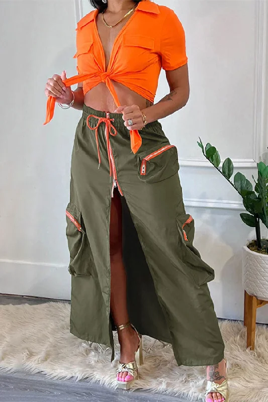 The Best Sale of the Year!Hit Color Punk Multi Pocket High Split Skirt