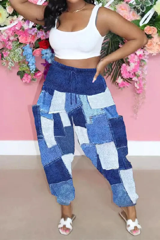 Only a Few Left – Order Now!Imitation Denim Print Drawstring Irregular Cool Pocket Pants