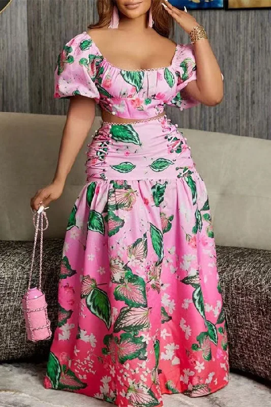 Time to Snag a Bargain!Leaf Print Gradient Sweet Strappy Dress Suit