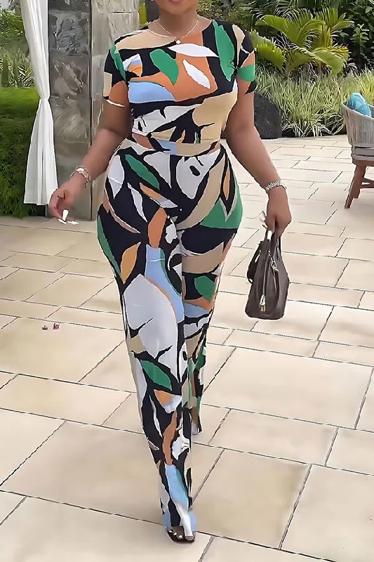 New Discounts Just Dropped!Leaf Print Tropical Round Neck Pant Suit