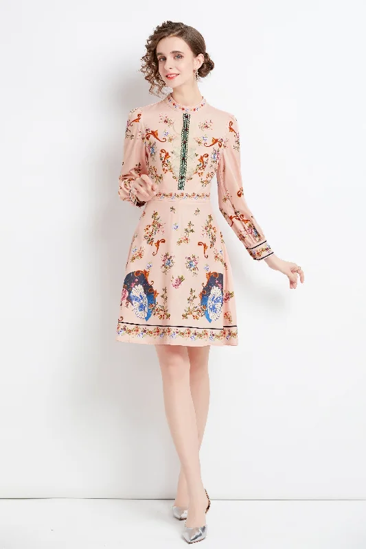 Save Up to 50% Off!Nude pink Day A-line Crewneck Long Sleeve Above Knee Printed Dress Save Up to 50% Off!Nude pink Day A-line Crewneck Long Sleeve Above Knee Printed Dress