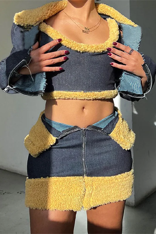 Your Favorite Sale is Back!Patchwork Denim Cool Irregular Skirt Suit (Three Pieces)