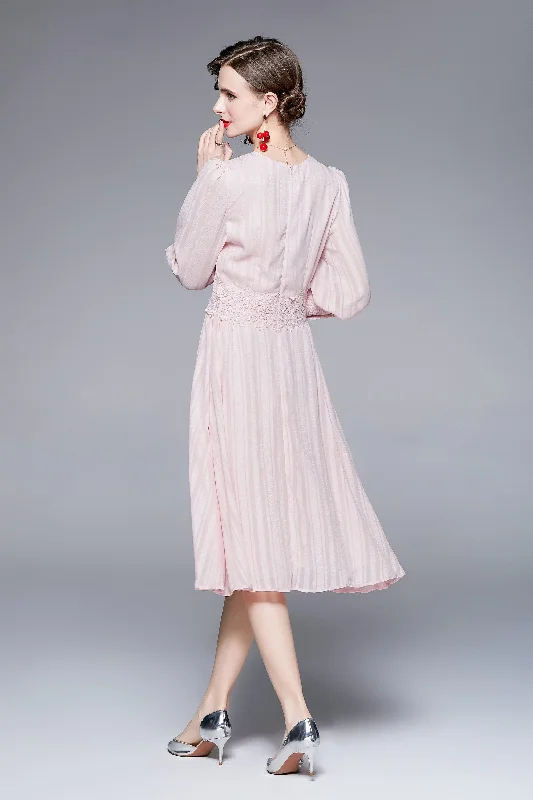 Hot Deals You Can’t Resist!Pink Evening A-line Squareneck Long Sleeve Knee Buttoned Dress