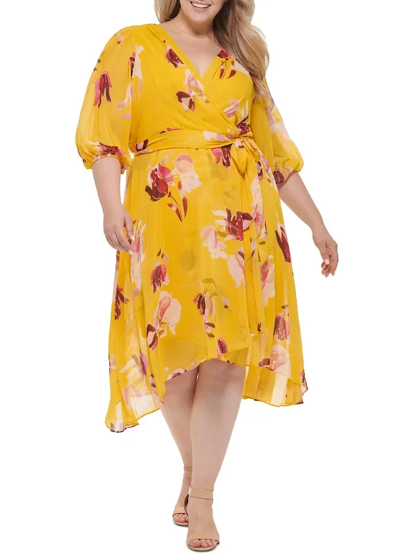 Your Shopping Spree Starts Here!Plus Womens Chiffon Floral Wrap Dress