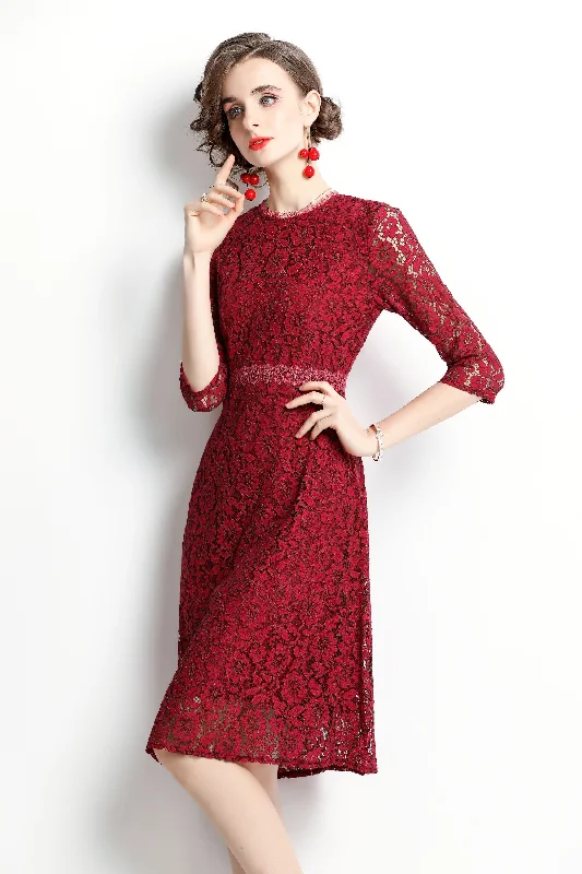 Buy One, Get One Free!Red Cocktail & Party A-line Crewneck Elbow Sleeve Knee Lace Dress Buy One, Get One Free!Red Cocktail & Party A-line Crewneck Elbow Sleeve Knee Lace Dress