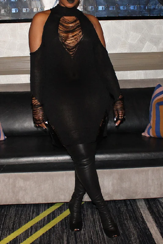 Best Deals Just for You!Ripped Gothic Cold Shoulder Sweater