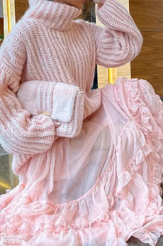 Price Drop Alert!Solid Color Knitted Cute Tiered Ruffle Dress Suit