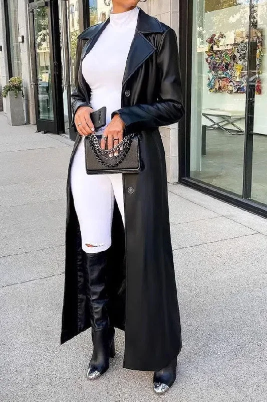 Save More When You Shop More!Solid Color PU Versatile Single Breasted Trench Coat