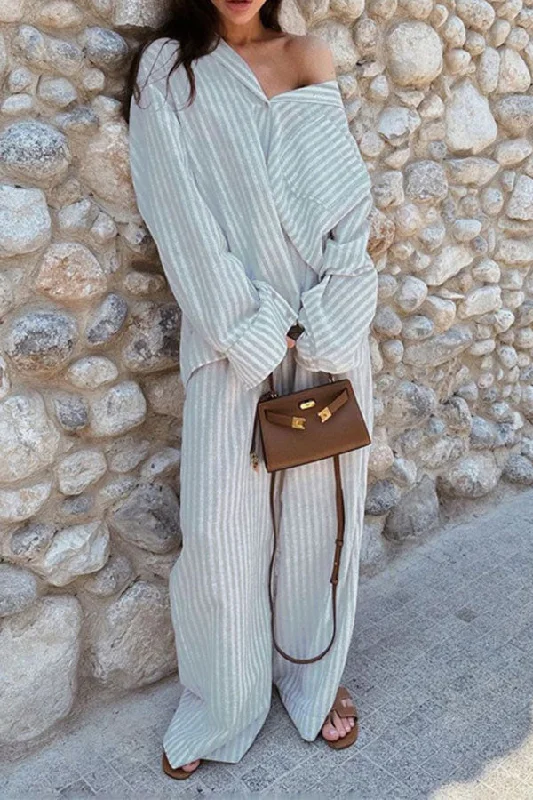 Limited Time Offer!Striped Casual Patch Pocket Pant Suit