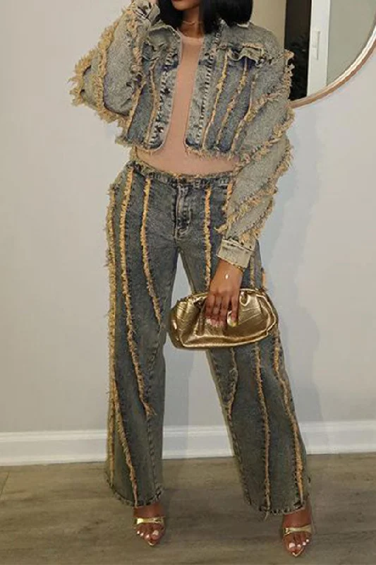 Upgrade for Less!Tassel Patchwork Punk Denim Pant Suit
