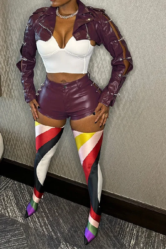 Price Drop Alert!Unique Pin Design Cutout Crop PU Jacket