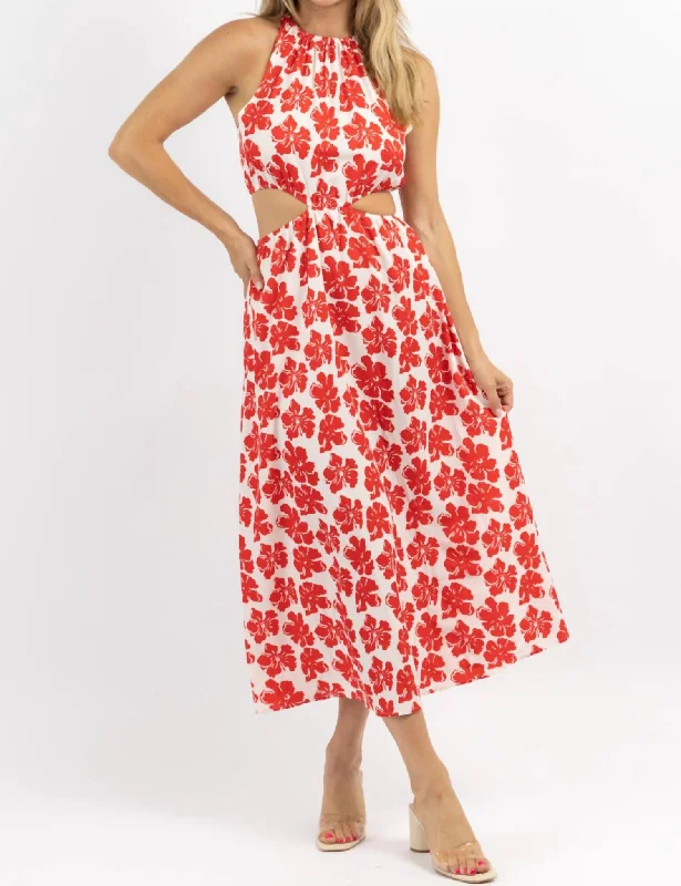 One Click Away from Big Savings!Aloha Cutout Sleeveless Midi Dress In Floral Red
