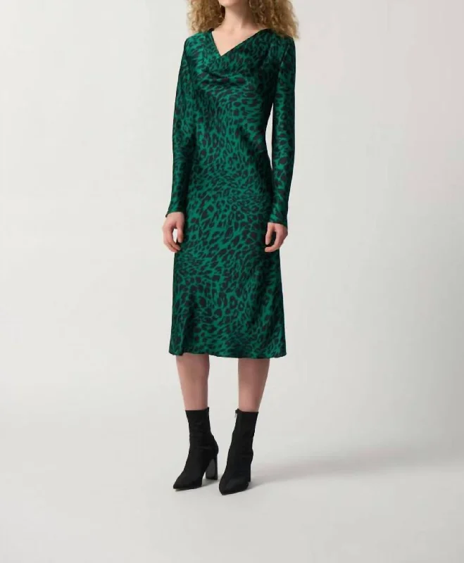 Grab Yours Before It’s Too Late!Animal Print Cowl Neck Midi Dress In Green/blk