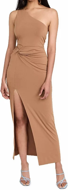 Huge Savings – Act Now!Ashby Front Twist Hip Cutout Midi Dress In Camel Tan