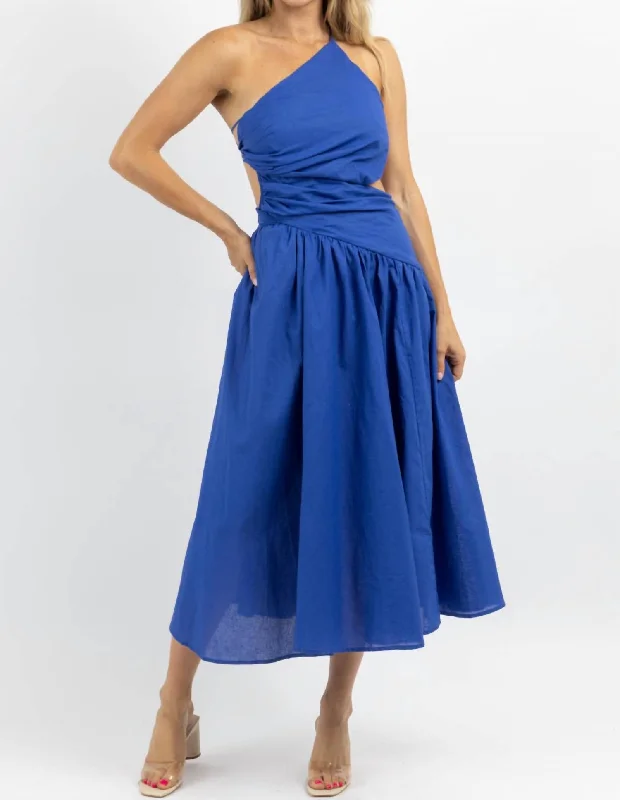 Save Like Never Before!Asymmetric Ruche Midi Dress In Deep Waters