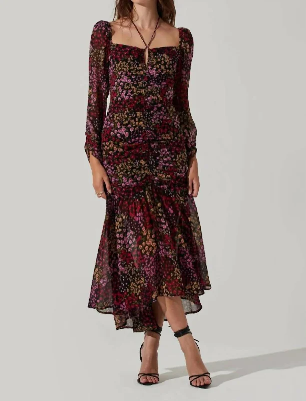 Shop the Hottest Deals!Athena Floral Ruched Long Sleeve Midi Dress In Brown Purple Ditsy
