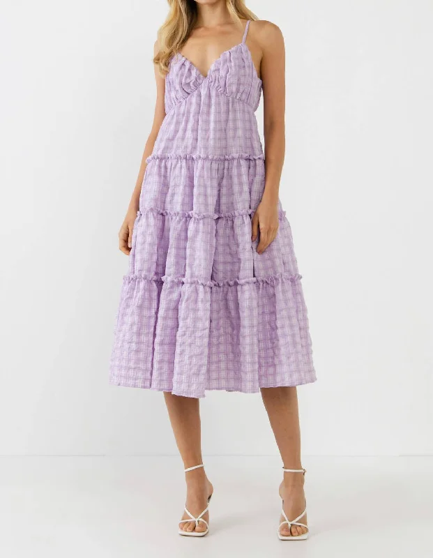 Save More When You Shop More!Check Print Gauze Midi Dress In Lilac