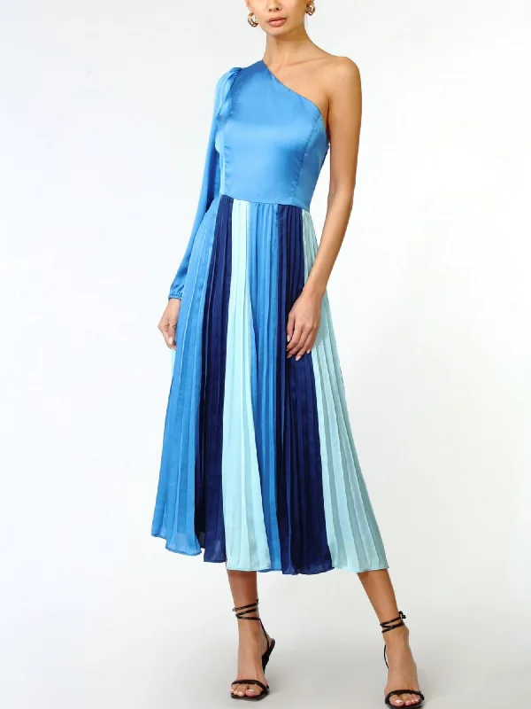 Find the Best Deals Here!Cher One Shoulder Colorblock Midi Dress In Blue