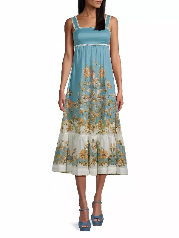 Crazy Discounts Inside!Chintz Tiered Midi Dress In Blue Daisy Floral