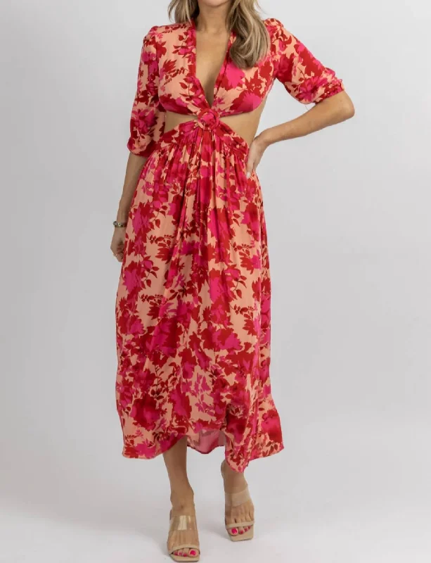 Every Deal is a Steal!Cutout Cross Midi Dress In Hot Pink Floral