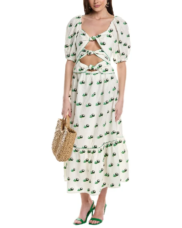 Your Best Deals Are Here!FARM Rio Cross Stitch Coconut Embroidered Linen-Blend Midi Dress
