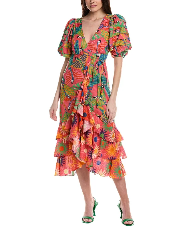 Your Chance to Save is Now!FARM Rio Graphic Macaws Mixed Midi Dress