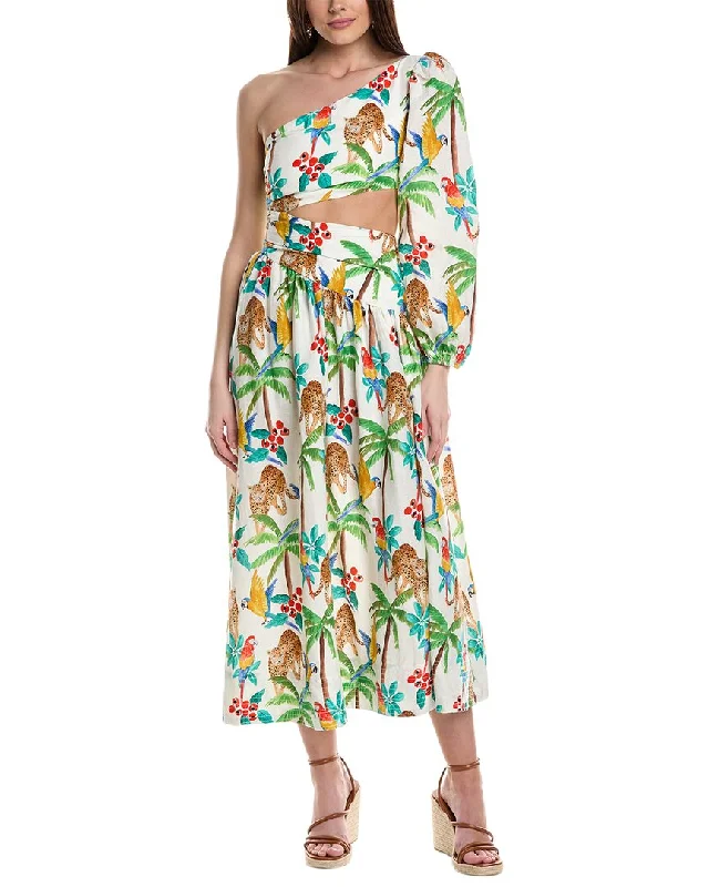 Find Your Perfect Deal Today!FARM Rio Tropical Paradise One-Shoulder Linen-Blend Midi Dress