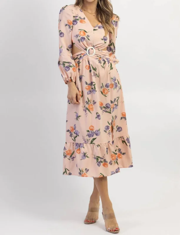 Limited-Time Price Drop!Floral Buckle Midi Dress In Baby Pink