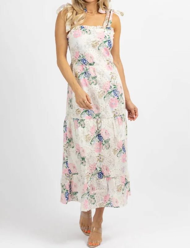 Hurry! While Supplies Last!Floral Embroidered Tie Strap Midi Dress In White + Pink