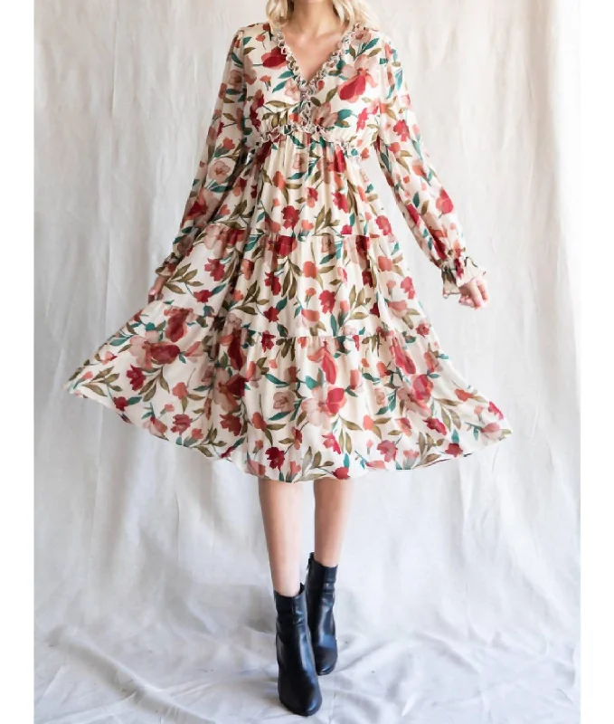 Find the Best Deals Here!Floral Print Chiffon Midi Dress In Ivory