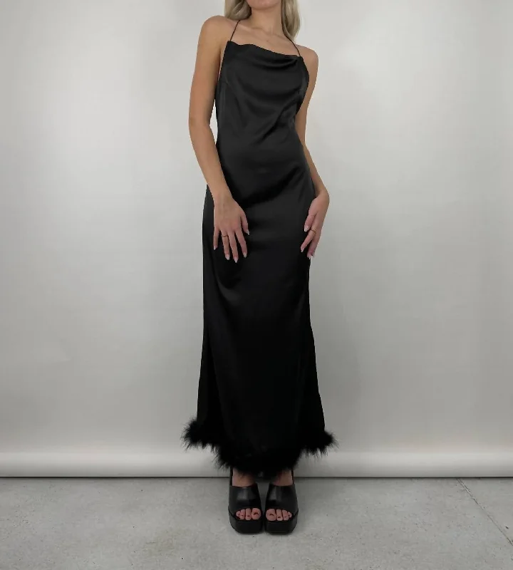 Exclusive Deals Just for You!Fur Hem Satin Slip Midi Dress In Black