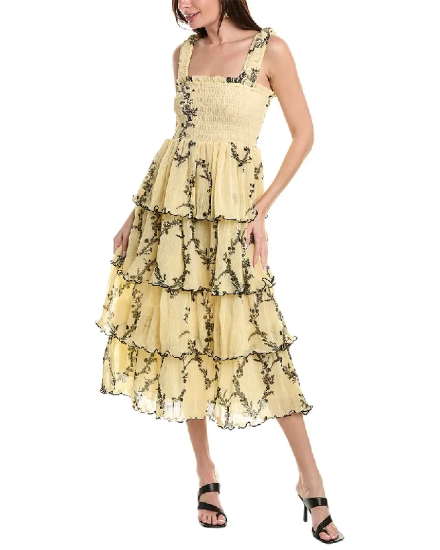 Stock Up and Save!GANNI Pleated Georgette Flounce Smocked Midi Dress