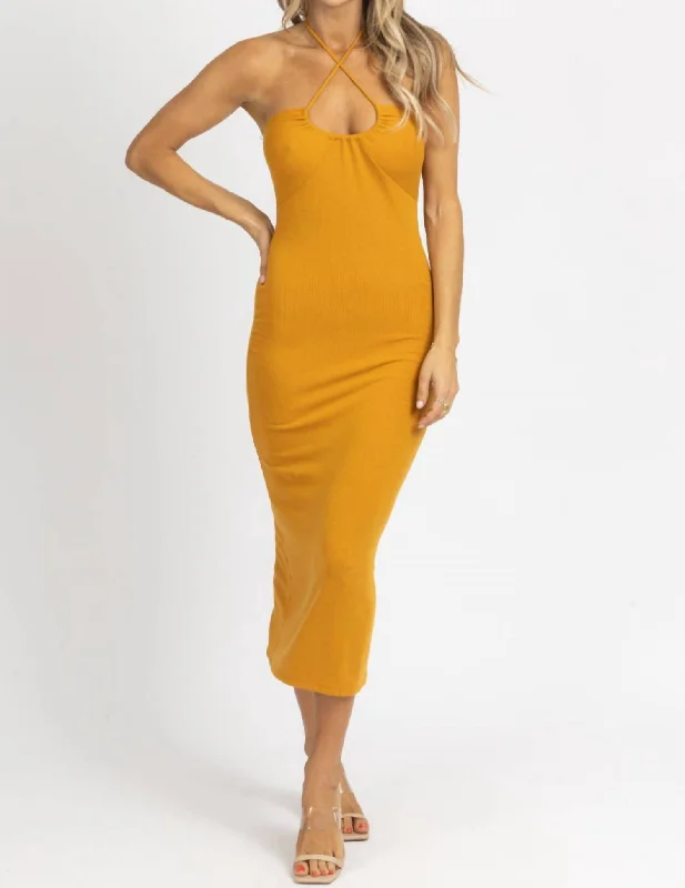 Limited Stock Available!Halter Tie Midi Dress In Mustard