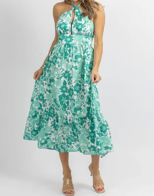 Hurry! While Supplies Last!Halterneck Ruffle Midi Dress In Green Floral