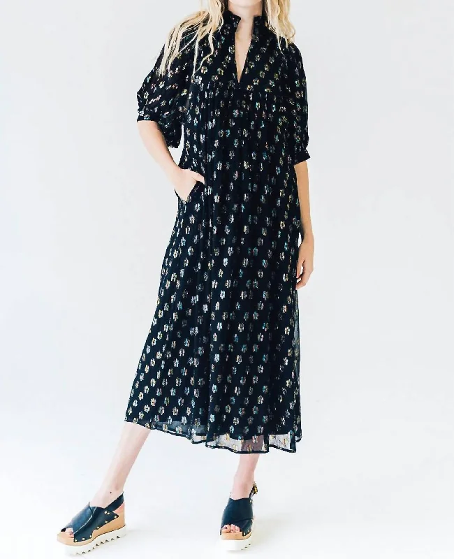 Limited Edition, Limited Price!High Neck Midi Dress In Floral Metallic