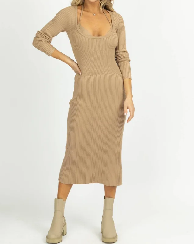 Score Big Savings Today!Knit Layered Bra Midi Dress Set In Taupe