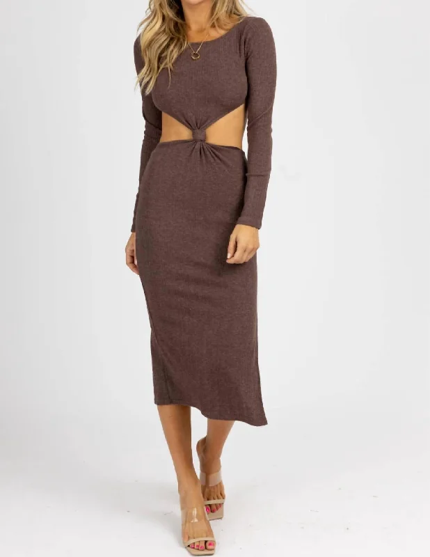 Hurry! While Supplies Last!Long Sleeve Front Twist Midi Dress In Chocolate