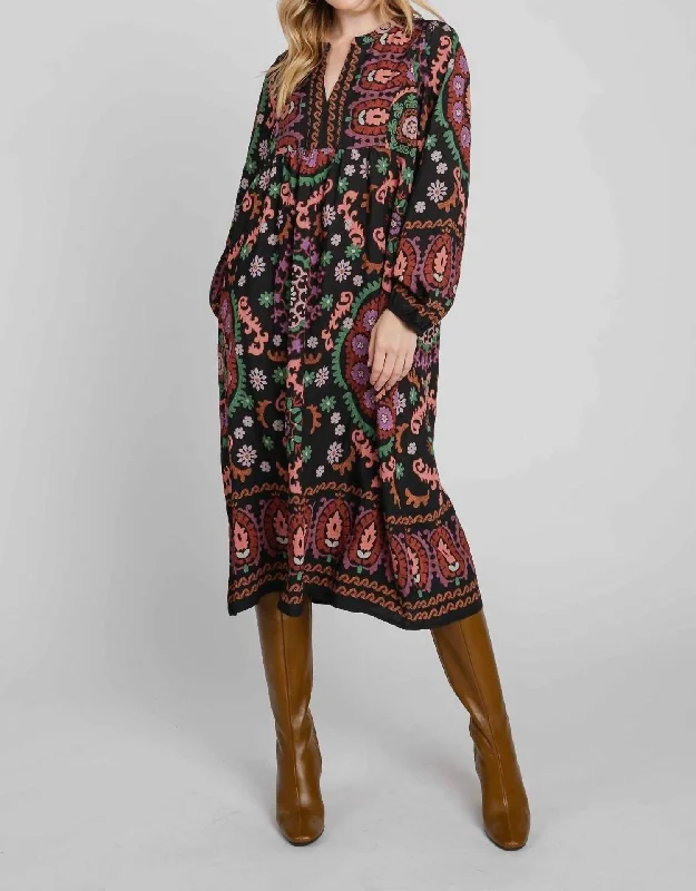 Crazy Discounts Inside!Mandala Patterned Midi Dress In Black