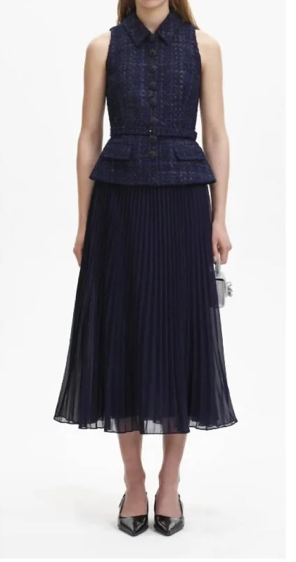 Save Money, Shop Happy!Metallic Boucle & Chiffon Midi Dress In Navy