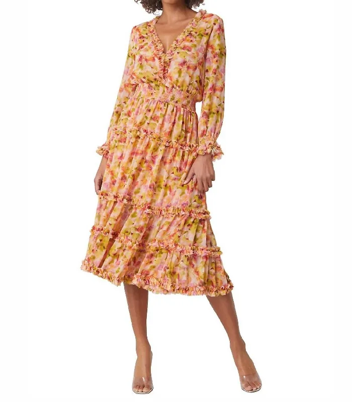 Steals and Deals Await!Nora Midi Dress In Golden Floral