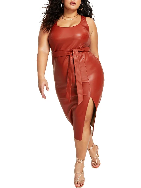 Shop Today, Save Tomorrow!Plus Womens Faux Leather Sleeveless Midi Dress