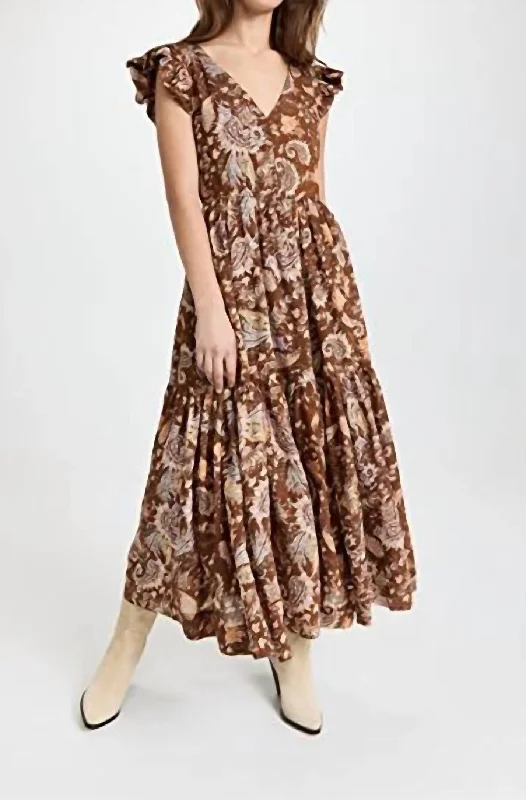 Hurry, Sale Ends Soon!Printed Tiered Midi Dress In Brown Multi