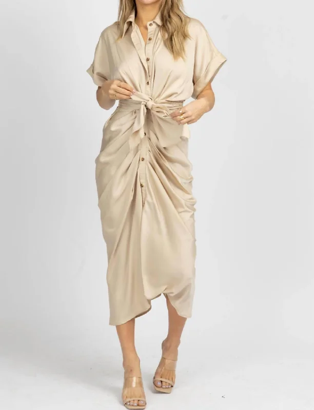 Time to Snag a Bargain!Satin Twist Tie Button Midi Dress In Taupe