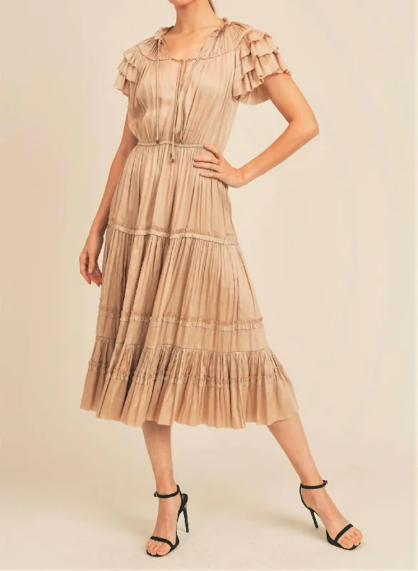 Time to Save Big!Short Sleeve Ruffle Midi Dress In Gold