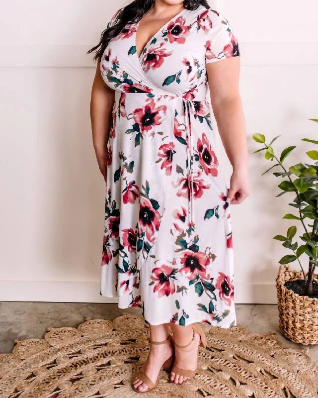 Limited Deals, Unlimited Savings!Surplice Midi Dress In Rose Print & Ivory Teal