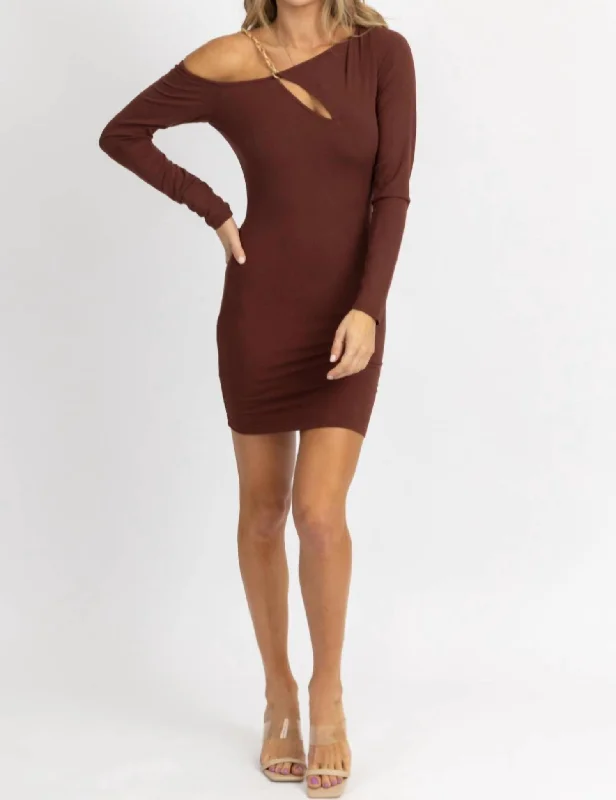 Your Chance to Save is Now!Asymmetrical Chain Trim Mini Dress In Brownie
